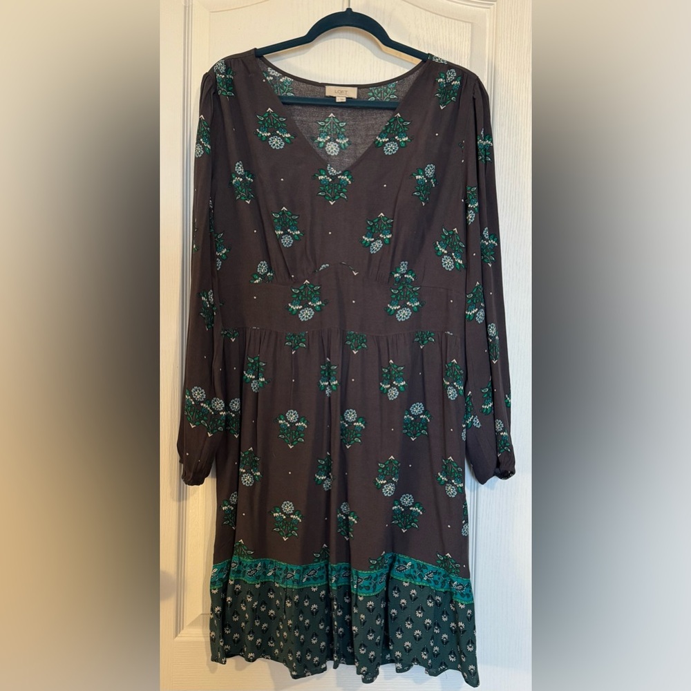 LOFT Outlet Dark Gray Floral Long Sleeve Dress